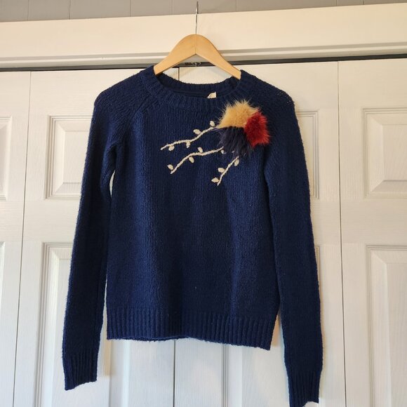 Anthropologie Evie Field Flower Navy Long Sleeve Pom Pom Embroidered Sweater - Picture 4 of 10